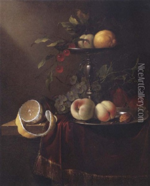 Still Life Of Peaches, Grapes And Cherries On A Silver Tazza, With Peaches On A Pewter Plate, A Lemon And Other Fruit On A Draped Table Oil Painting - Jan Davidsz De Heem