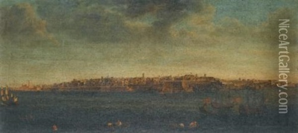 A View Of Valletta From The Grand Harbour, Taken From Castel Sant'angelo (+ 6 Others; 7 Works) Oil Painting - Alberto Pullicino