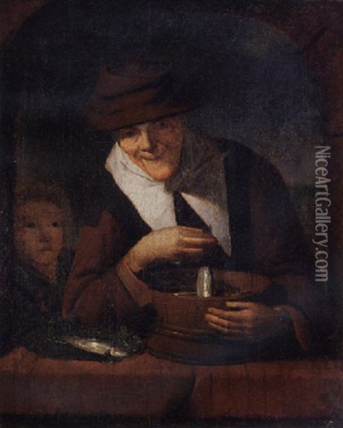 An Old Woman With A Tub Of Fish At A Niche Oil Painting - Gerrit Dou