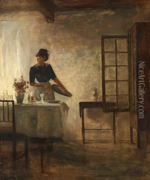 Woman Setting The Table Oil Painting - Carl Vilhelm Holsoe