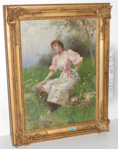 Junge Frau Mit Blumenkorb Oil Painting - Emile Auguste Pinchart