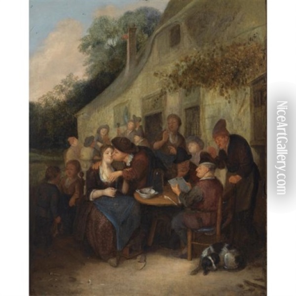 Peasants Gathered Outside A Tavern With A Man Reading A Paper, An Amorous Couple, And A Fiddler In The Background Oil Painting - Richard Brakenburg