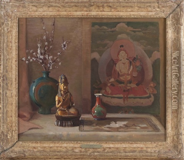 Still Life With Asian Art Oil Painting - Arthur William Woelfle