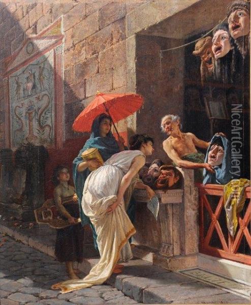 Italian 
The Mask Seller, A Roman Street Scene Oil Painting - Cesare Mariani