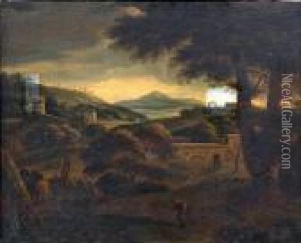Klassische Landschaft Mit Einem Kastell Im Hintergrund Oil Painting - Marco Ricci