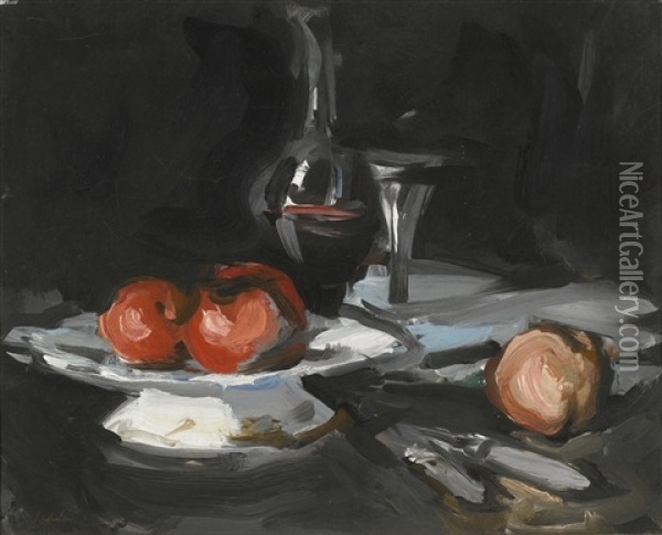 Still Life With Wine Decanter, Glass And Apples Oil Painting - Samuel John Peploe
