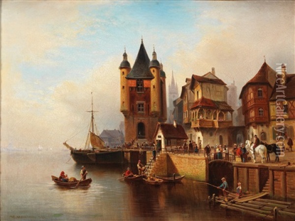 A Busy Day By The River Oil Painting - Wilhelm Alexander Meyerheim