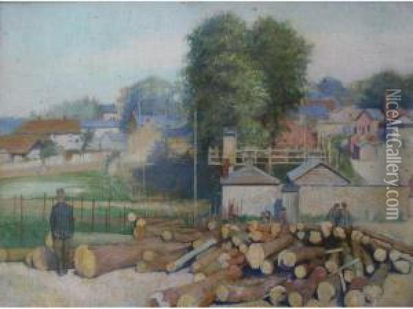 The Outskirts Of A Village, With Soldiers By A Timber Yard Oil Painting - Thomas Robert Way