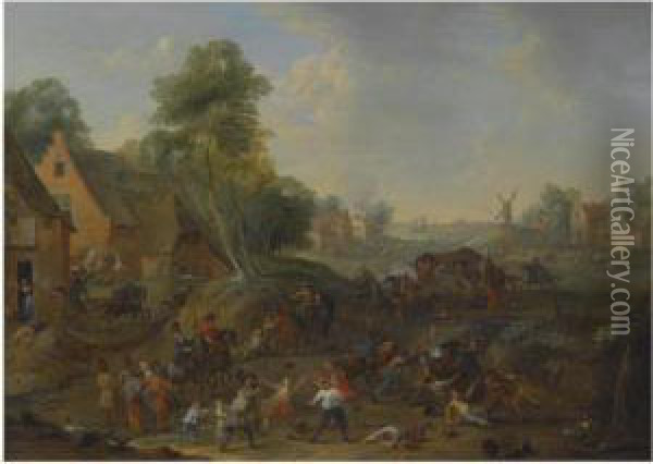 A Landscape With A Cavalry Skirmish And A Village Underattack Oil Painting - Karel Van Breydel (Le Chevalier)