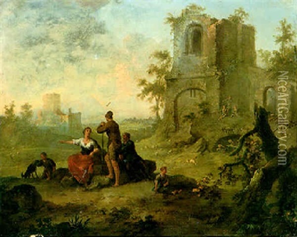 Peasants By Ruins In The Roman Campagna Oil Painting - Franz de Paula Ferg