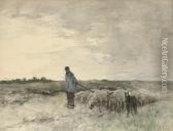 Grijze Dag: A Shepherd And His Sheep In The Dunes Oil Painting - Anton Mauve