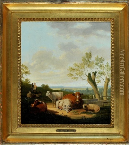Kuhe Mit Schafen Und Hirtenpaar In Voralpenlandschaft Oil Painting - Max Joseph Wagenbauer