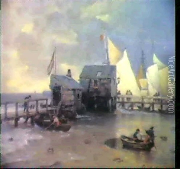 Fischerboot An Der Mole Eines Nordseehafens Oil Painting - Andreas Achenbach