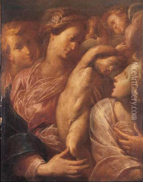 Madonna Con Il Bambino E Angeli Oil Painting - Maestro Del San Sebastiano Monti