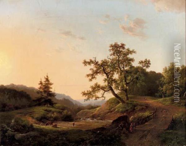 A River-crossing In A Wooded Valley Oil Painting - Marianus Adrianus Koekkoek