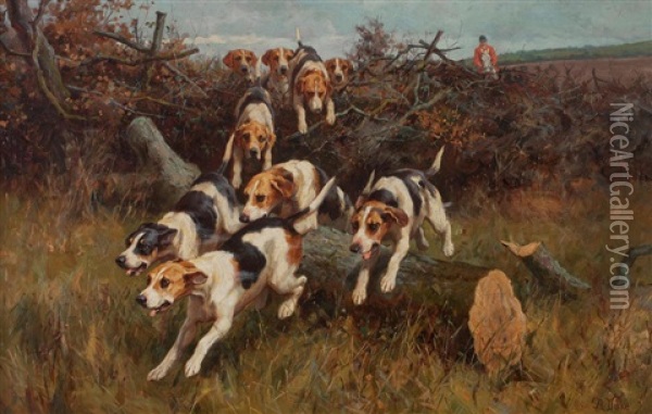 Hunting Scenes With Hounds Each Oil Painting - Alfred Duke