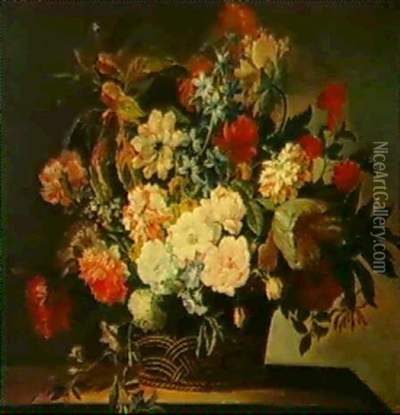 Bunter Blumenstrauss In Einem Korb Oil Painting - Jean-Baptiste Monnoyer