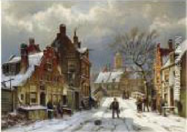 Figures In The Streets Of A Wintry Dutch Town Oil Painting - Willem Koekkoek