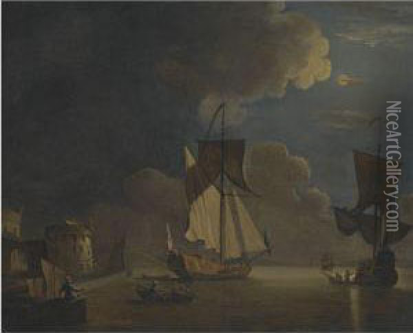 British Shipping In A Harbour By Moonlight Oil Painting - Francis Swaine