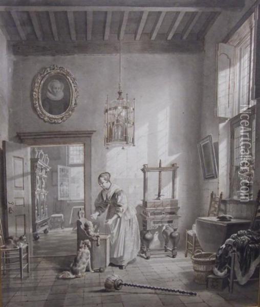 Interior With Mother And Child Oil Painting - Lambertus Johannes Hansen