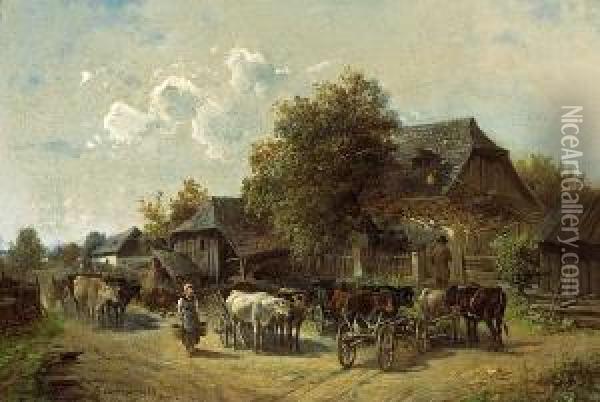 Oxen Carts In Front Of A Farm Oil Painting - Ignaz Ellminger
