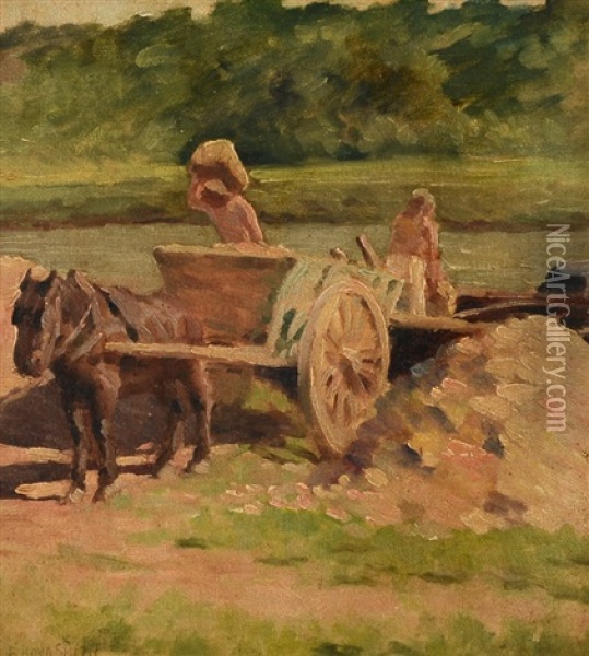 Horse Drawn Cart Crossing A Stream Oil Painting - Elmer Boyd Smith