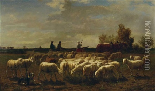 Landschaft Mit Schafherde Und Pflugenden Bauern Oil Painting - Edmond Joseph De Pratere