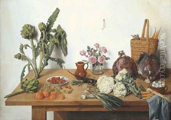 Cauliflower, onions, peaches, cherries, artichokes, roses in a glass vase, a jug, a basket with carrots, cabbages and eggs with a blue cloth Oil Painting - Jan Jozef, the Younger Horemans