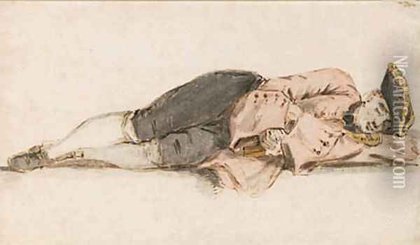 Study of a sleeping violinist, wearing a tricorne and holding his violin under his arms Oil Painting - Louis P. Boitard