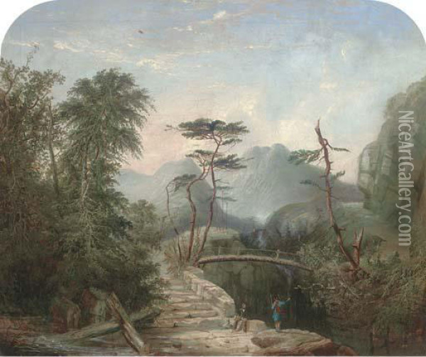 Travellers In A Highland Landscape Before A Bridge Oil Painting - Alexander Nasmyth