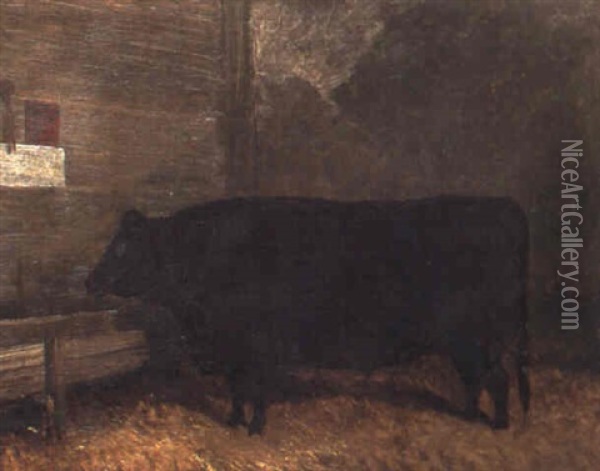 A Prize Bull In A Stable, First Prize Winner In The Suffolk Fat Cattle Club+ Oil Painting - John Duval