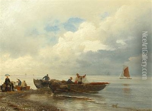 Coastal Scene With Working Fishermen Oil Painting - Viggo Fauerholdt