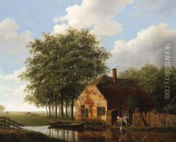 A Woman And Child Outside A Cottage, Cattle Grazing In A Meadowbeyond Oil Painting - Johannes Janson