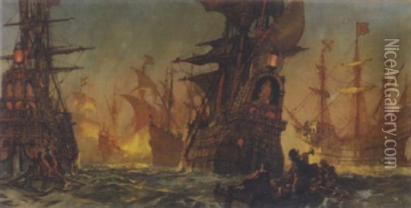 The Armada Anchored In Calais Roads Panic Stricken At The Approach Of The Eight English Fire Ships At Midnight Oil Painting - Kenneth Shoesmith
