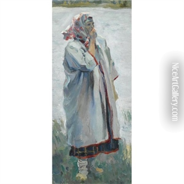 Peasant Woman Standing On River Bank Oil Painting - Mikhail Vasilievich Nesterov