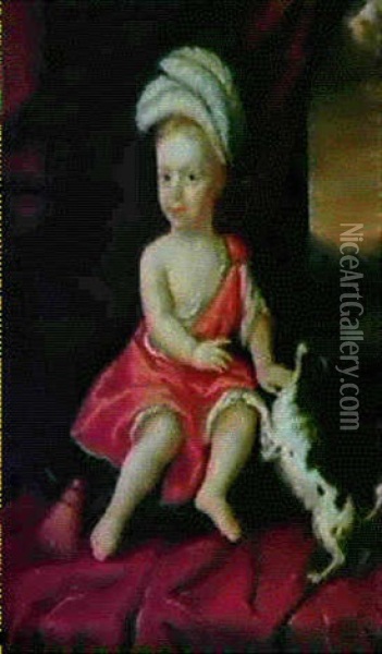 Portratt Av Gosse Lekande Med Hund, En Cavalier King Charles Spaniel Oil Painting - Martin (Martinus I) Mytens