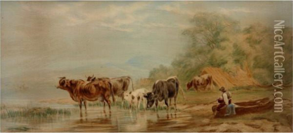 Cattle Drinking, With Herder Sitting On Boat Oil Painting - Friedrich Johann Voltz
