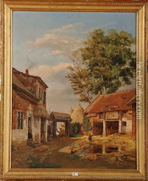 Cour De Ferme Animee Oil Painting - Gustave Walckiers