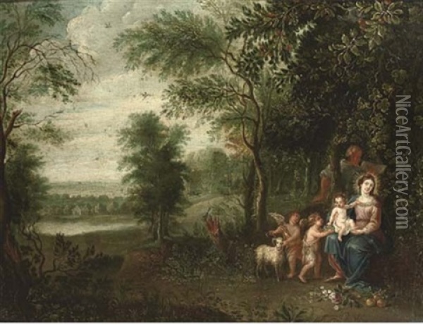 The Holy Family With The Infant Saint John The Baptist And An Angel Resting In A Wooded Landscape Oil Painting - Jasper van der Laanen