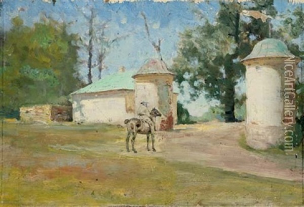 Lev Nikolaevich Tolstoi On A Horse At The Entrance To Iasnaia Poliana (study) Oil Painting - Ivan Pavlovich Pokhitonov