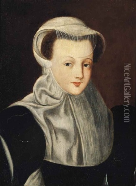 Portrait Of A Lady, Possibly Mary, Queen Of Scots (1542-1587), Half-length, In A Black Dress With White Cap Oil Painting - Francois Clouet