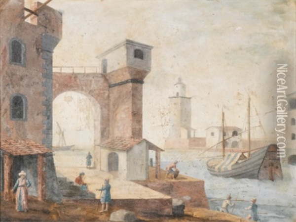 Figures Within Harbour Scenes (pair) Oil Painting - Ignazio Enrico Hugford