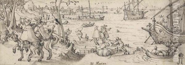 Travellers In A Harbour With Galleons At Anchor Oil Painting - Matthaus the Elder Merian