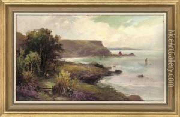 Looking Out To Sea From The 
Cliffs, Torbay, South Devon; Anstey's Cove, Torquay, South Devon; And 
Babbacombe Pier, South Devon Oil Painting - George Henry Jenkins