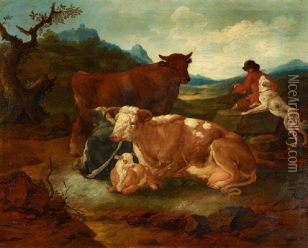 Southern Landscape With A Herd Of Cows Oil Painting - Johann Melchior Roos