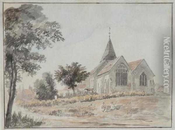 Landscape With Church And Figures Oil Painting - Jonathan Fisher