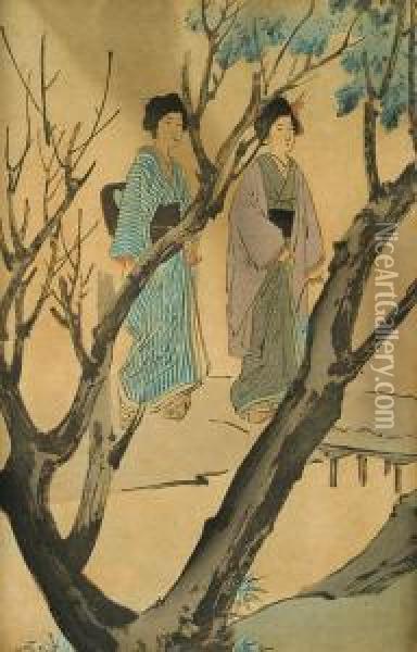 Dwie Kobiety Na Spacerze Oil Painting - Miyagawa Shuntei