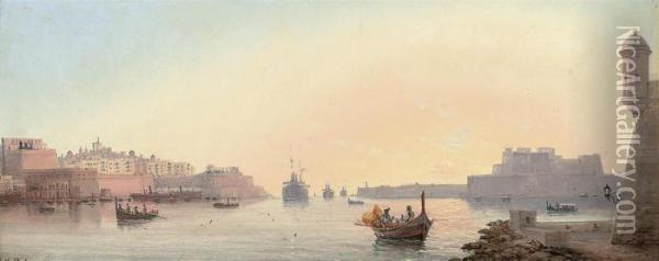A Convoy Entering Valetta Harbour Oil Painting - Luigi Maria Galea