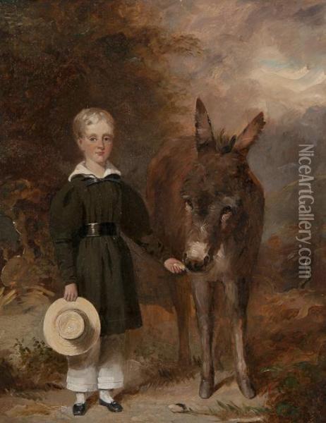Boy With A Straw Hat Feeding A Donkey Oil Painting - J. Duvall