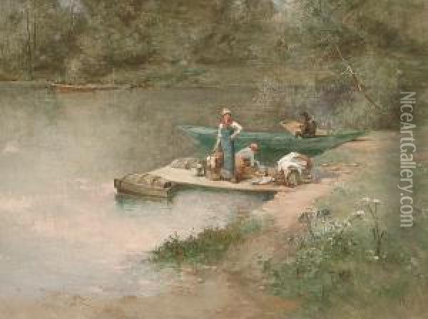 Washerwomen By A Riverbank Oil Painting - Ferdinand Heilbuth